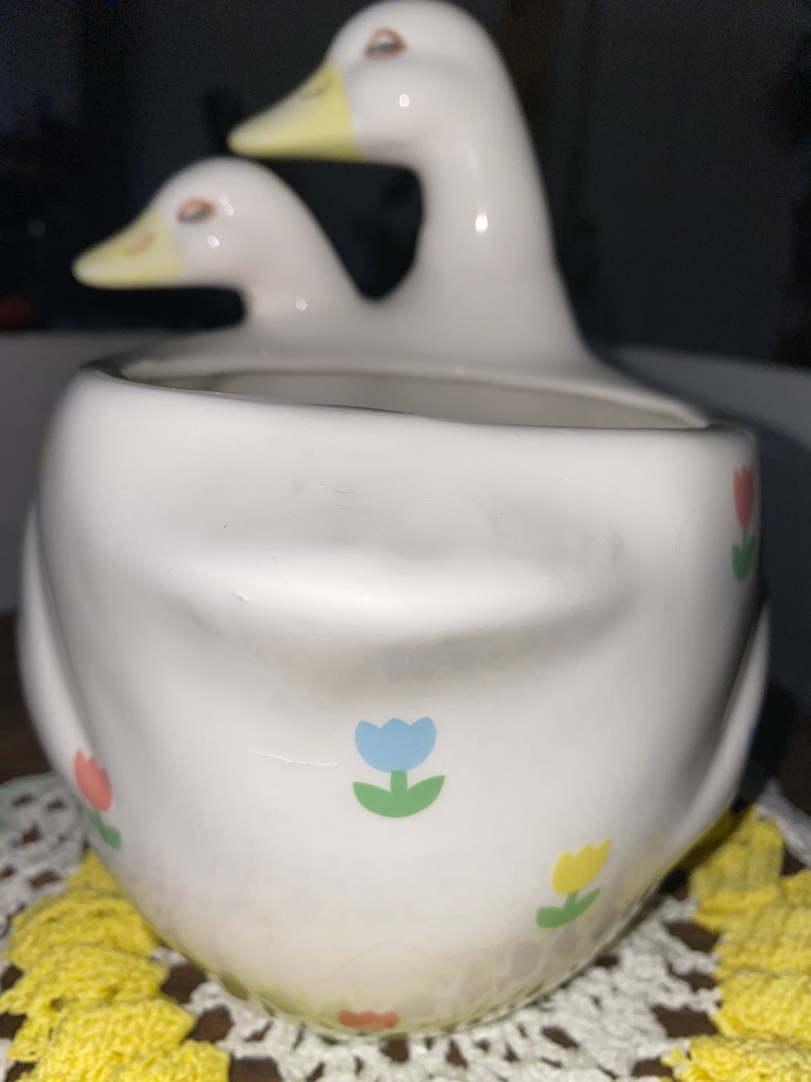 Ceramic two headed swans planter with pastel flowers Etsy