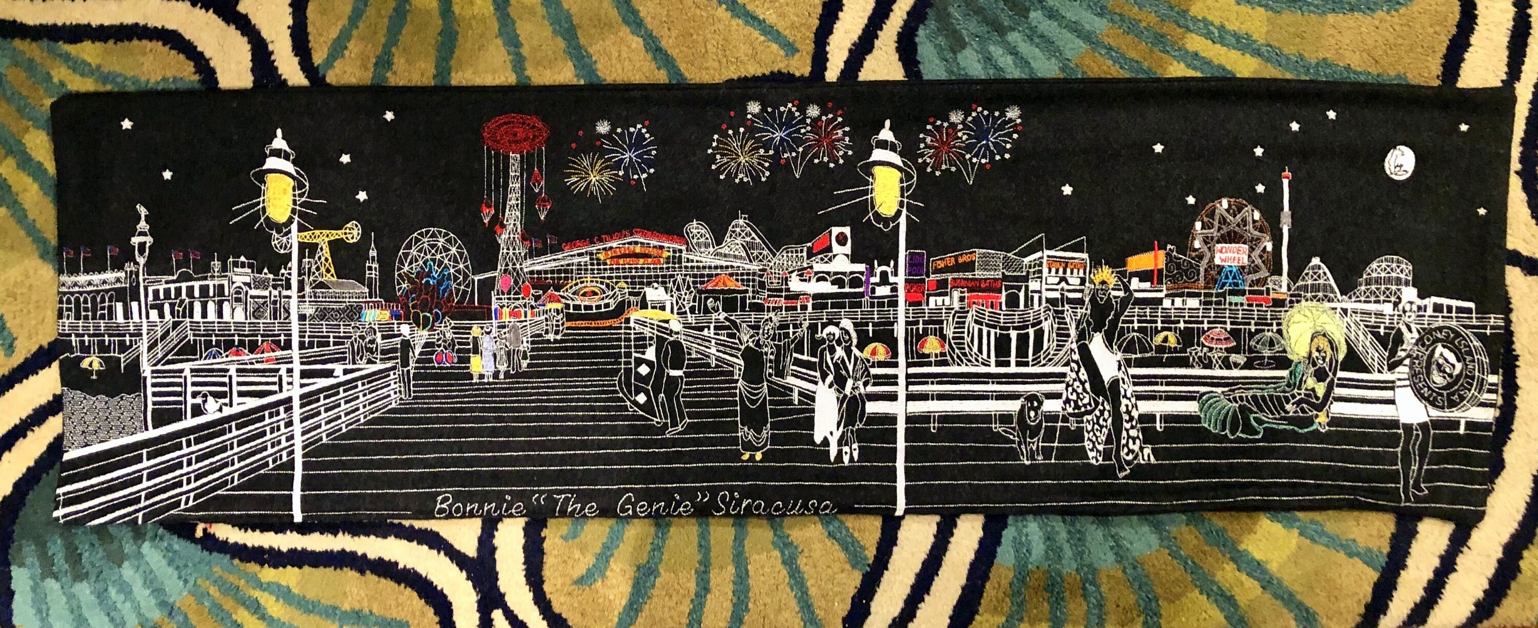 Embroidered Pillow Coney Island Boardwalk Night Time King Etsy.de