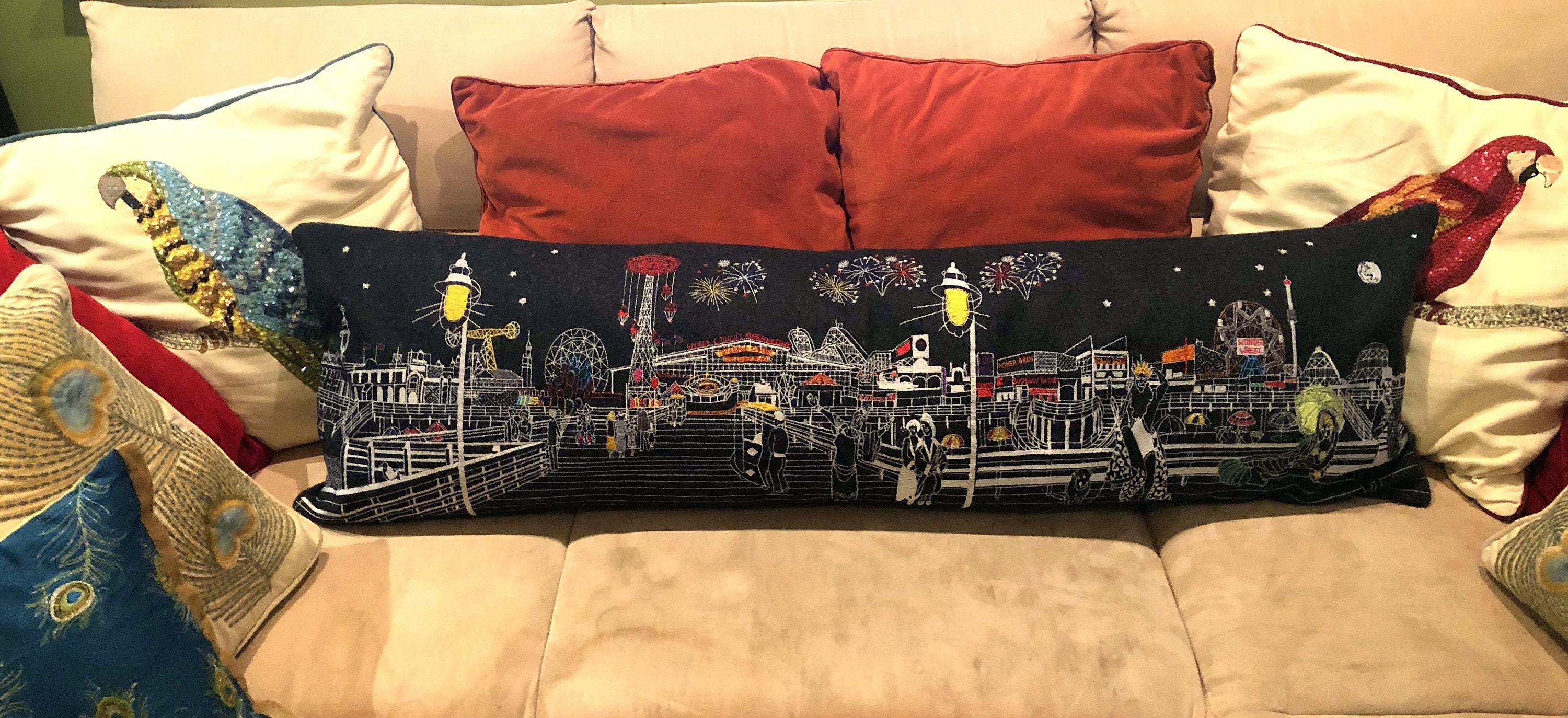 Embroidered Pillow Coney Island Boardwalk Night Time King Etsy.de