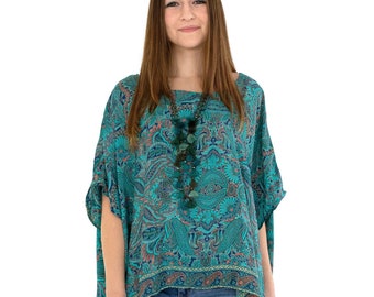Paisley Kaftan Top: Turquoise Boho Peasant Blouse