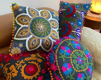 Hand Embroidered Boho Pillow Cover: Bohemian Home Decor