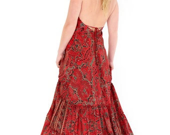 Red Paisley Halter Maxi Dress: Low Back Boho Sundress