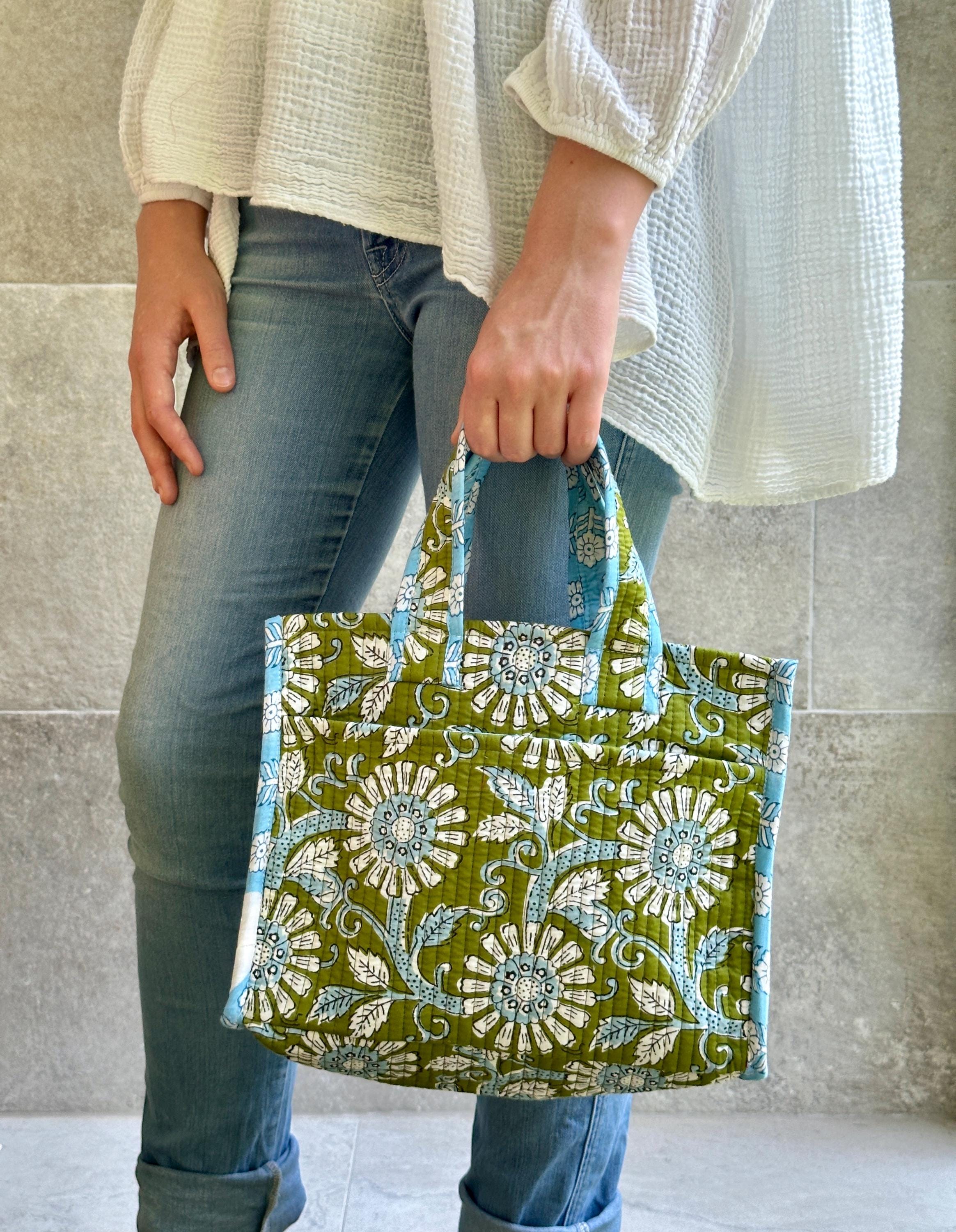 Handmade Reversible Quilted Tote Bag: Indian Print Cotton Book Bag