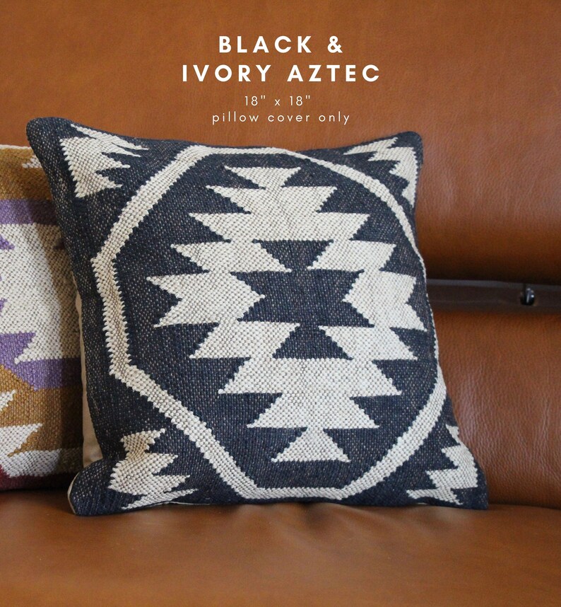 Poterie Barn Style Pillow Cover, Aztec Pillow Cover, Rug Design Boho Pillow Cover, Boho Decor, Boho Home Decor, Decorative Pillow Black/Ivory