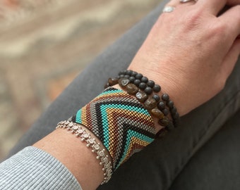 Beaded Cuff Stretch Bracelet, Handmade Boho Bracelet,  Chevron Beaded Bracelet, Glass Bead bracelet, Unique Bracelet, Wide Cuff Bracelet