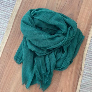 May include: A teal-colored scarf made of a lightweight fabric, draped on a wooden surface. The scarf has a fringed edge and a slightly textured appearance. The scarf is a solid color and appears to be soft and flowing.