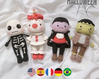 Bundle Set of 4 Halloween Crochet Amigurumi Doll PDF Pattern Frankenstein Clown Skeleton Dracula English Deutsch Français Español Português