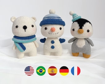 Amigurumi Doll Crochet Pattern: Winter Polar Bear, Penguin, Snowman (Digital PDF)