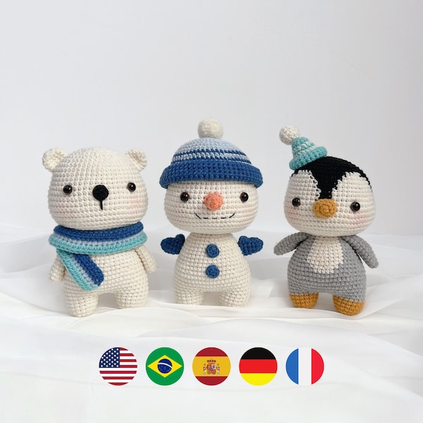Bundle Set of 3 Amigurumi Doll : The Snowing Winter Polar Bear, Penguin, Snowman Easy Crochet Pattern– Digital PDF Files, Instant Download