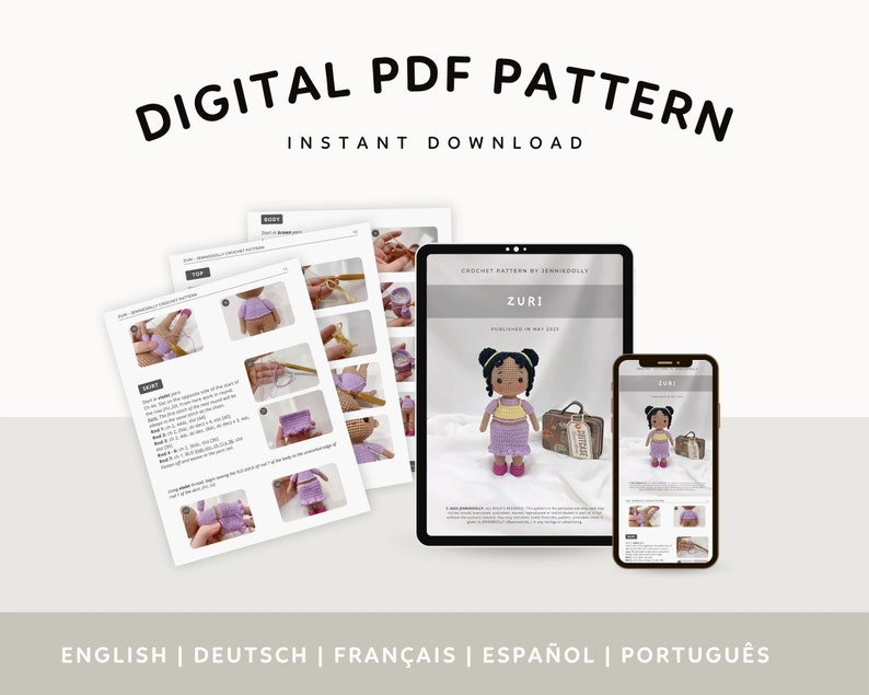 May include: Digital PDF crochet pattern for a doll named Zuri. The pattern includes instructions in English, German, French, Spanish, and Portuguese. The doll is wearing a purple dress and yellow top. The pattern is available for instant download.