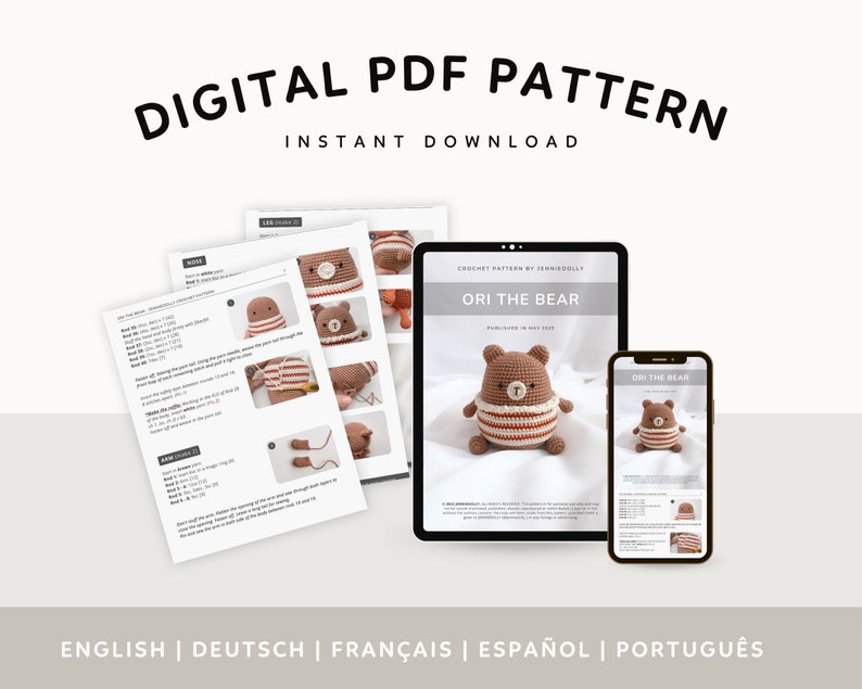 May include: Digital PDF crochet pattern for Ori the Bear, a brown and white striped amigurumi toy. The pattern is available in English, German, French, Spanish, and Portuguese. The pattern includes instructions and photos for making the bear.