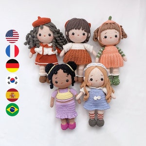 Bundle Set of 5 Crochet doll pattern amigurumi, digital PDF files häkelanleitung, patrón English Español Português Korean Deutsch Français