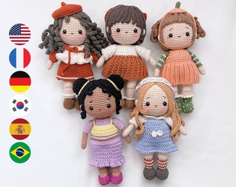 Bundle Set of 5 Crochet doll pattern amigurumi, digital PDF files häkelanleitung, patrón English Español Português Korean Deutsch Français