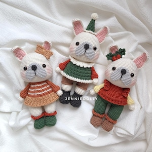 Lot de 3 poupées de Noël Frenchie Amigurumi au crochet, patron PDF chien, téléchargement immédiat