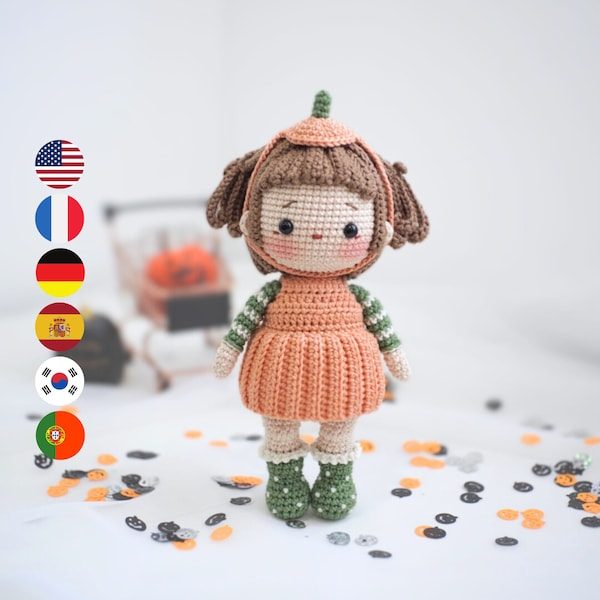 Amigurumi Crochet Doll Pattern, Elena Pumpkin Girl, Digital PDF, Häkelanleitung Patron English Korean Deutsch Français Español Português