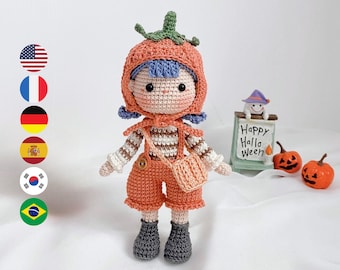 Grace The Pumpkin – Halloween Crochet doll amigurumi pattern, PDF file häkelanleitung, English Deutsch Français Español Português Korean