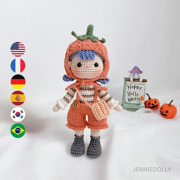 Grace The Pumpkin – Halloween Crochet doll amigurumi pattern, PDF file häkelanleitung, English Deutsch Français Español Português Korean