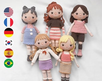 Bundle Set of 5 Crochet doll pattern amigurumi, digital PDF files häkelanleitung, patrón English Deutsch Français Español Português