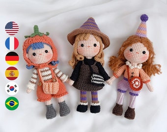 Halloween-virkad docka-amigurumimönster: Häxa, pumpa, clown (PDF-mönster)