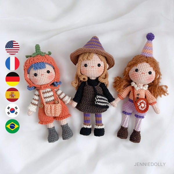 Bundelset van 3 Halloween gehaakte amigurumi-patronen voor poppen, PDF-bestand häkelanleitung, English Deutsch Français Español Português Koreaans