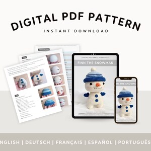 May include: A digital PDF crochet pattern for a snowman named Finn. The pattern includes instructions in English, German, French, Spanish, and Portuguese. The pattern features a close-up image of the finished crochet snowman.