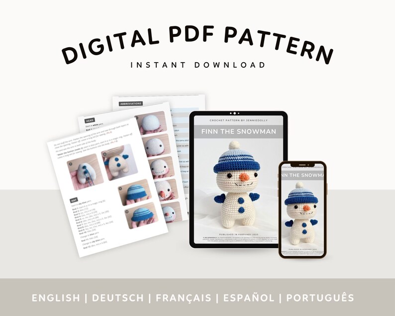 May include: A digital PDF crochet pattern for a snowman named Finn. The pattern includes instructions in English, German, French, Spanish, and Portuguese. The pattern features a close-up image of the finished crochet snowman.