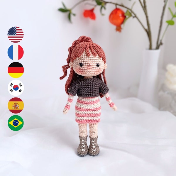 Julie Ginger Redhead – Crochet doll amigurumi pattern, digital PDF files häkelanleitung, English Deutsch Français Español Português Korean