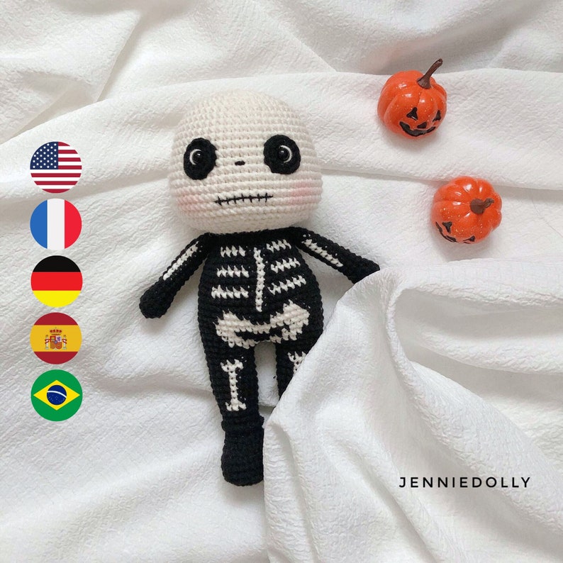 Halloween Skeleton Doll crochet amigurumi pattern listing photo by JennieDolly
