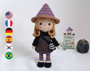 Mary The Witch – Halloween Crochet doll amigurumi pattern, PDF file häkelanleitung, English Deutsch Français Español Português Korean