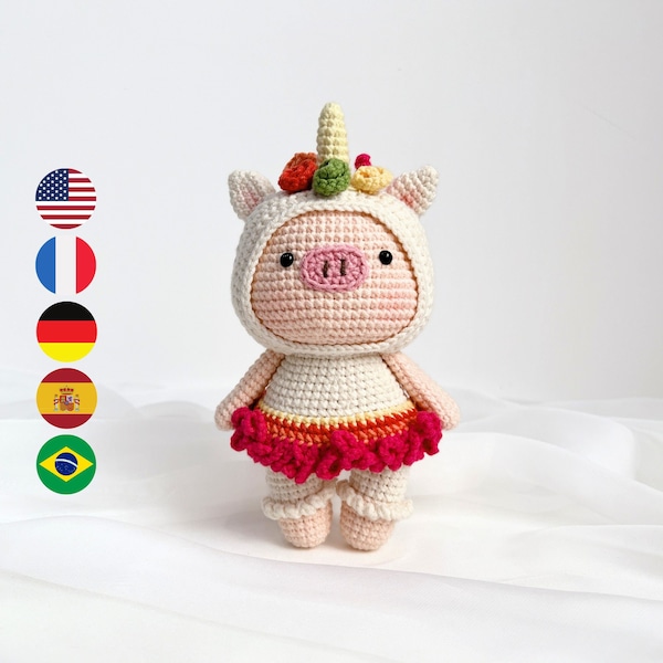 The Pony Pig – amigurumi pig crochet doll pattern, digital PDF, patron häkelanleitung, English Deutsch Français Español Português