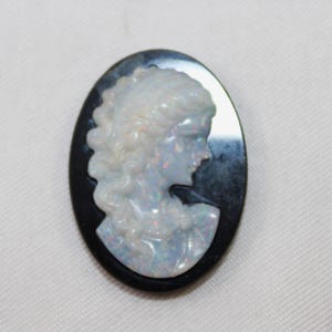 May include: Oval cameo brooch featuring a profile of a woman with flowing hair, carved in white against a black background. The brooch has a polished finish and is set on a white fabric.