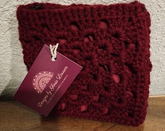 Maroon Granny Square Lined Pouch with Zipper
