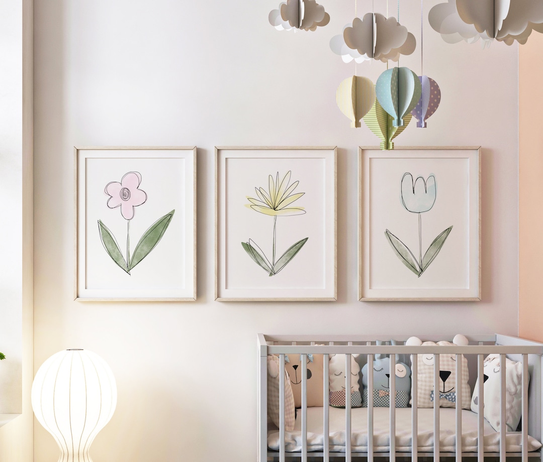 Nursery Wall Prints Set of 3, Pink Yellow & Blue Flower Wall Art ...