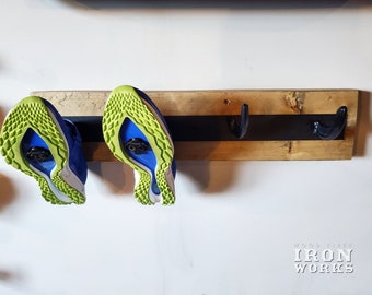 Shoe Rack, Rustic, Railway Spike Gym Shoe rack, vintage coat rack, Natural, Local Handcrafted Wood and Iron