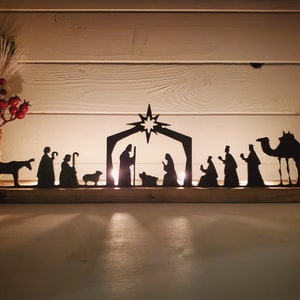 Nativity Scene Tea Light Holder 30" long, Metal Nativity Scene with Wood Stand, Christmas metal sign with candle holders