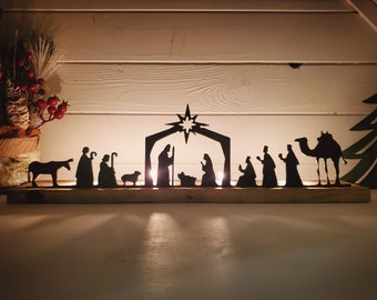 Nativity Scene Tea Light Holder 30" long, Metal Nativity Scene with Wood Stand, Christmas metal sign with candle holders