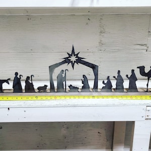 Nativity Scene 40&quot; long, Metal Nativity Scene with Wood Stand, Christmas metal sign