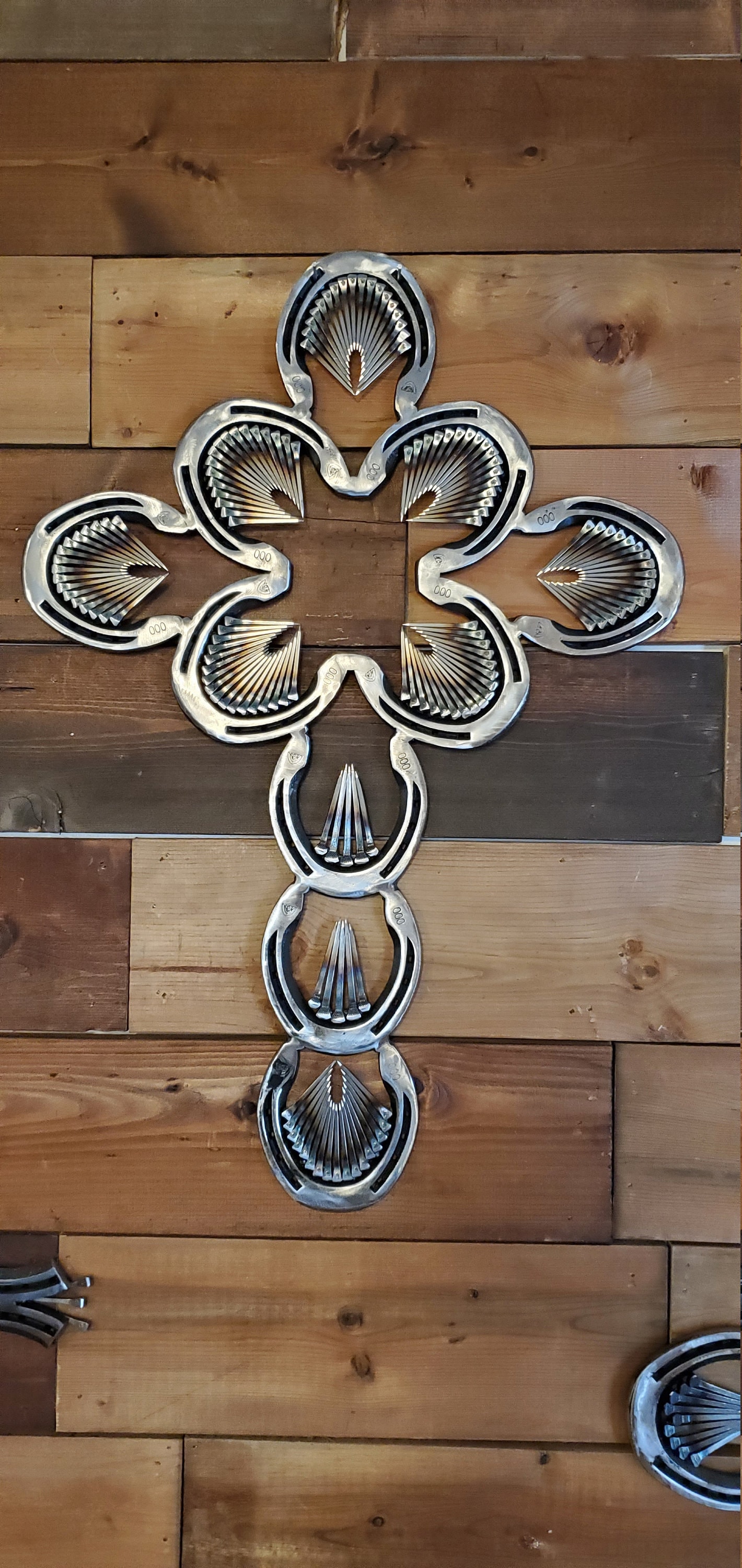 Horseshoe Cross, Metal Art, Iron Wall Decor, Wall Hangings - Stylized Horseshoe Cross - Large Clover
