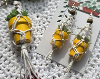 Mini Macrame Plant Hanger Earrings & Keychain Gift Set | Handmade for Plant Lovers