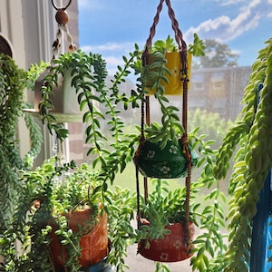 Triple Decker Beaded Macrame Plant Hanger, Three Small Succulent Hanging Pots, Unique Multi Pot Plant Hanger, Hand-Painted Pots