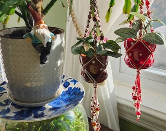 Mushroom Beaded Macrame Plant Hanger, Polka-dot Mushroom Hanging Planter, Whimsical Mushroom Decor