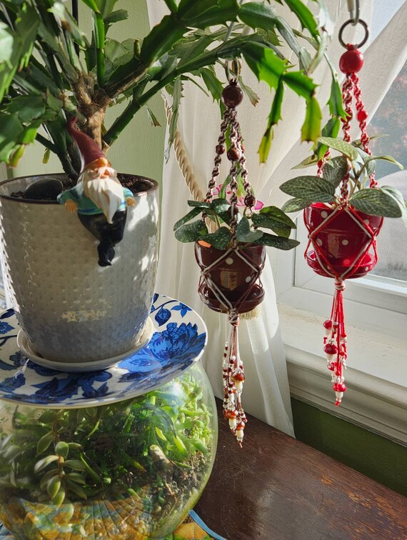 Mushroom Beaded Macrame Plant Hanger: Hand-painted Polka-dot Pot - Etsy