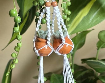 Pendientes con motivos de plantas / Mini maceta de terracota / Colgador de macramé