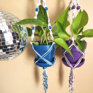 Beaded Macrame Plant Hanger, Plant Hanger w/ Glitter Sparkle Pot, Pretty Cute Pots and Planters