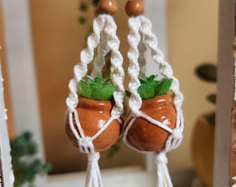 Mini Macrame Plant Hanger Earrings | Terracotta Pot Succulent Jewelry | Plant Lover Gift