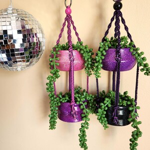 Double Macrame Plant Hanger: Glitter Pots, Hemp Cord, Beaded Decor