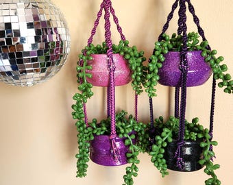 Double Macrame Plant Hanger | Two Glitter Succulent Planters | Plant Lover Gift