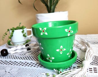 Indoor Planter with Beaded Macrame Plant Hanger | Custom Hand-Painted Flower Pot | Plant Lover Gift