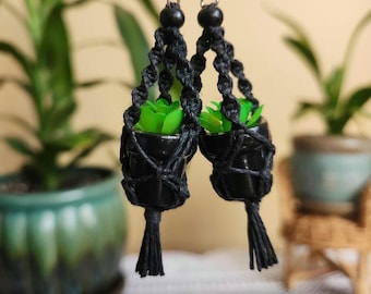 Black Macrame Plant Hanger Earrings | Mini Faux Succulent | Plant Lover Gift