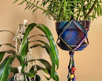 Skull Beaded Macrame Plant Hanger: Gothic Rainbow Hanging Planter
